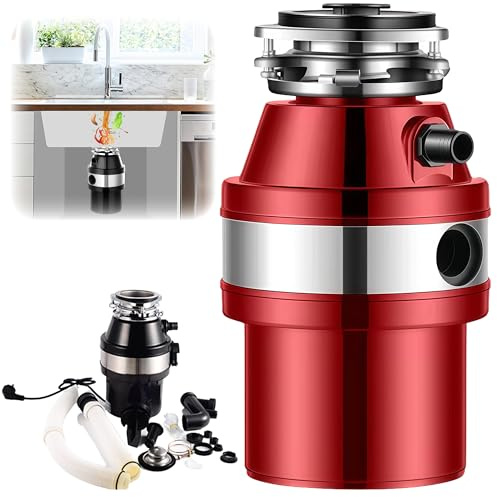 BESTXH Tritarifiuti in Acciaio Inox, Tritarifiuti per Avanzi di Cucina da 1000 Ml, Protezione Acustica, Tritarifiuti per Rifiuti Alimentari da Cucina Sottolavello, 3/4 HP,Rosso