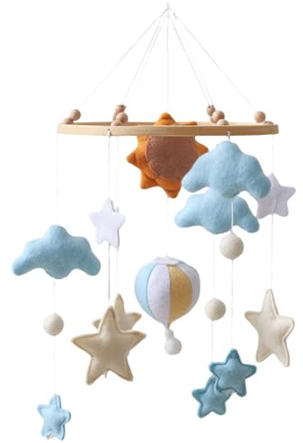 Handgefertigte Filzdekorationen Krippe Mobile, sicher und weich, Kinderzimmer Hängespielzeug, kleine Wolke, Stern und Ballon, Sonne mit Heißluftballon-Design