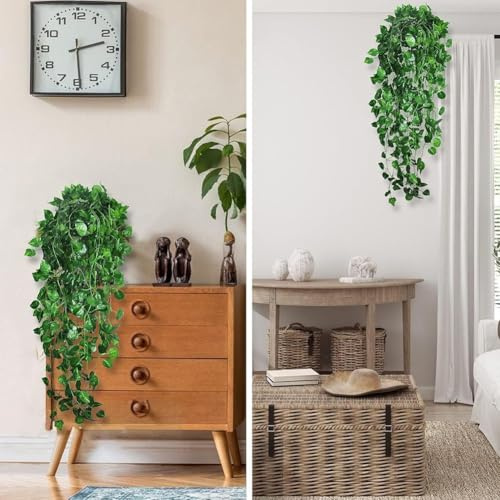ZiStarlilife Paquete de 3 plantas colgantes de hiedra artificial de 105 cm, plantas colgantes de imitación para el hogar, balcón, jardín, decoración de pared, hojas de seda de plástico (verde)