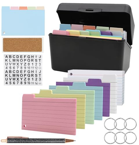 VEGCOO Karteikarten Box Set, Lernkarteibox mit 350 Bunten Verdickten Liniert Karteikarten, 5 Trennkarten, 6 Ringen, 1 Kugelschreiber, 1 Aufkleber, 1 Etikett für Schule Büro Zuhause Unterwegs Lernen