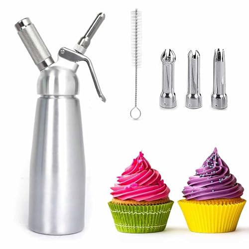 MZOYOURO 250ml Aluminium-Sahneaufschäumer, mit 3 Edelstahl Deko-Düsen (Lotus, Stern, Kreuz) & Reinigungsbürste, Auslaufsicher für Schlagsahne, Mousse, Desserts, Heiße Getränke, Creme