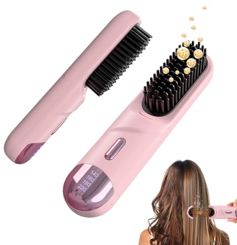 Go Brush Pro for Short Hair 2026 Hair Straightener Brush 300M Negative Ions, Portable Cordless Straightening Comb for Women, Fast Heating 4 Temps for Frizz-Free Smooth Hair Travel Gift Light Pink