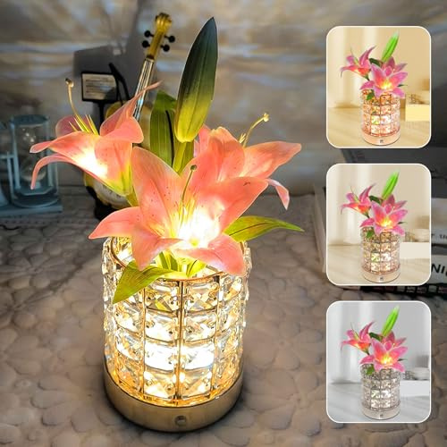 Lily Flower Lamps, Rechargeable Cordless Small Desk Lamp, 3 Colors Dimmable Artificial Flowers Night Light, Fake Bouquet with Crystal Vase for Home Date Party Decoration (Pink - Lily Crystal)