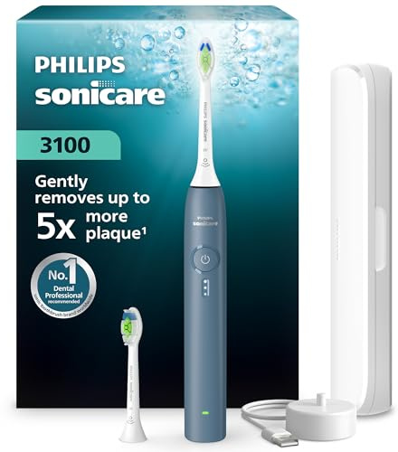 Philips Sonicare série 3100 – Brosse à dents électrique, capteur de pression, 3 intensités, EasyStart, SmarTimer, 14 jours d’autonomie, étui de voyage, coloris bleu marine, HX4034/24, [Nouveau]