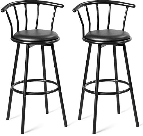 COSTWAY Barstol set om 2, barstol med ryggstöd och fotstöd, roterbar 360° vridbar, sitthöjd 72 cm, roterande pall spall bistropall kökspall, metallram, svart