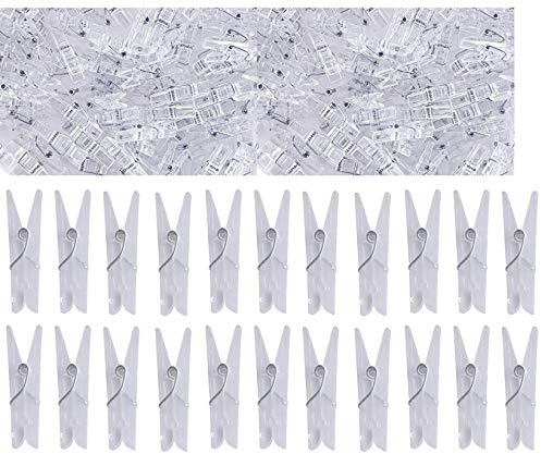 Yansanido 100pcs Mini Clear Plastic Utility Paper Clip, Clothespins Clips, Clothes Line String Clips, mini Clothes Pins for Photo for String Fairy Lights Color Clear(100pcs Clear Plastic Clips)