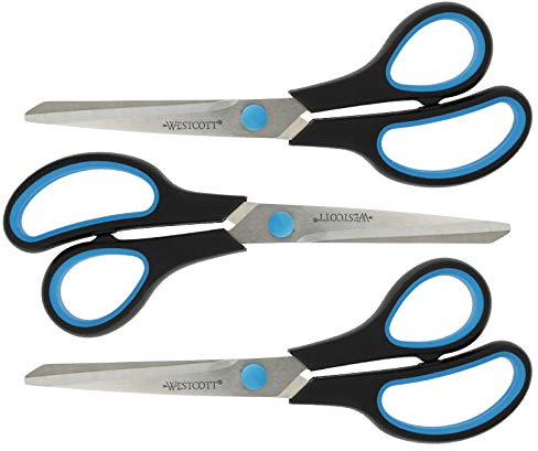 Westcott 3er Set Easy Grip Softgrip Scheren, rostfreie Klingen, blau-schwarzer Kunststoff-Griff, 20,1 cm / 8 Zoll, E-30283 Bundle