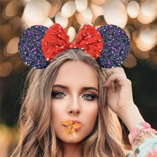 Hatstar Glitzer Maus Ohren Haarreif | Mouse Ears schwarz mit roter Schleife & Pailletten | Haarschmuck für Karneval & Fasching | Kostüm Accessoire für Damen & Kinder