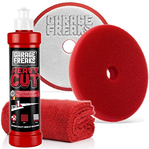 Garage Freaks - Step 1 – Heavy Cut Set de pulido Heavy Cut 250 ml Heavy Cut Foam Pad + paño de microfibra de 40 x 40 cm, 550 GSM