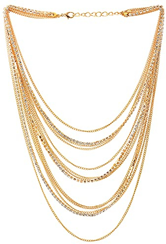 COOLSTEELANDBEYOND Wasserfall Multi-Schichten Kette Statement Halskette Kragen Halsband Anhänger mit Strass Kette Abendkleid