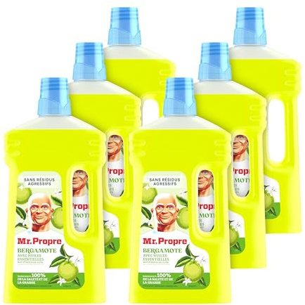 Mr. Propre Nettoyant Liquide Sol Multi-Usages, Grand Format (1L x6), Parfum Bergamote, Élimine Jusqu'à 99.9% Graisse et Saleté, Sans Traces, Fraîcheur Longue Durée