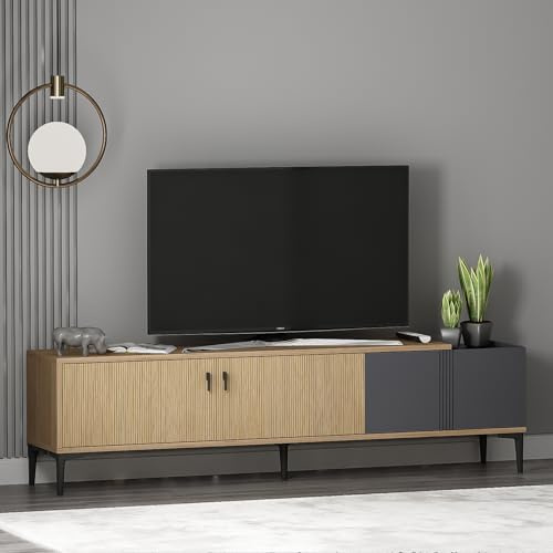 Homidea Modena TV Lowboard 180 cm mit Türen und Stauraum, Fernsehtisch TV Schrank und TV Möbel im skandinavischen Design für Wohnzimmer (Hell Eiche - Anthrazit)