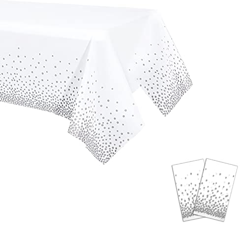 YXHZVON Dot Tischdecken, 2 Pack Konfetti Party Tischdecke Geburtstag in Silberne Punkte Rechteckige Tischdekoration für Brautduschen Verlobung Hochzeit Einweihungsparty (137 x 274 cm)