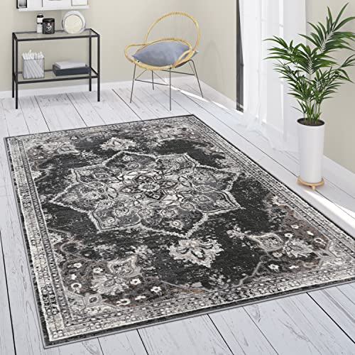Paco Home Teppich Wohnzimmer Schlafzimmer Kurzflor Vintage Optik Orientalisch Moderne Ornamente Mandala Stil Bordüre, Grösse:120x160 cm, Farbe:Schwarz 2