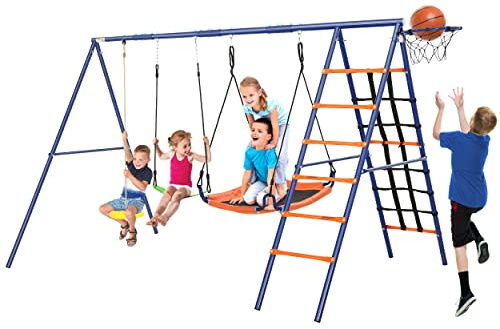 Swing Set for Backyard 550lbs - 6 in 1 Playground Sets for Backyards Safe Platform Swing for Kids Outdoor Heavy Duty Metal Frame with 3 Adjustable Swings Climbing Net Climbing Ladder Basketball Hoop