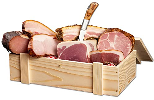 WURSTBARON® Schinken Wurst Geschenkbox aus Holz mit Serrano, Wacholderbauch, Bauerngeräuchertes, Schwarzrauch, Hüttenspeck & Taschenmesser - 2,88 kg