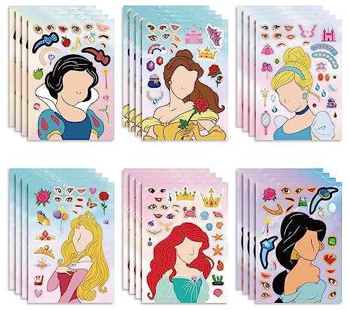24 PCS Princess DIY Stickers Gift Set for Kids, Princess Theme Make a Face Art Craft Birthday Party Decorations, Make Your Own Sticker for Party Goodie Bags, Party Supplies Party Favours