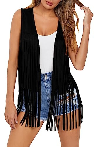 Dokotoo Womens Early Fall Fashion Cowboy Chic Outfits 70s Hippie Concert Outfits Vintage Western Cowgirl Cute Fringe Vest Tops Leather Tassel Night Out Birthday Party Jackets Clothes Black Small