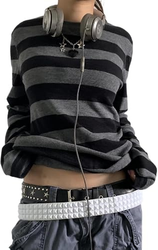 Betrodi Camicie a righe Y2k da donna, a maniche lunghe, grunge a forma di fata, t-shirt svasata vintage Harajuku Streetwear per ragazze adolescenti, M