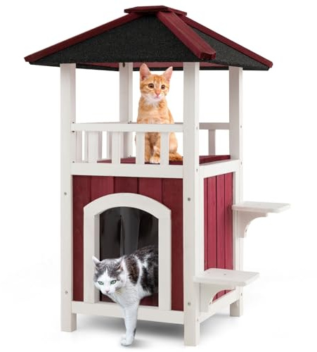 COSTWAY Caseta para Gatos de Madera, Casa para Mascotas de 2 Pisos con Techo de Asfalto, Cortina de Lluvia y Plataformas de Saltar, Refugio para Gatos a Prueba de Intemperie, 58 x 50 x 87 cm