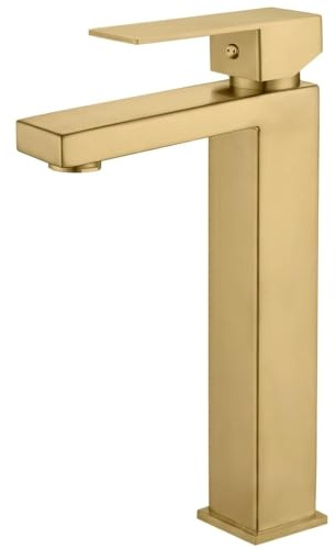 VALAZ Robinet Haut Pour Vasque Salle de Bain | Mitigeur Lavabo, Mélangeur Eau Froide et Chaude, Pas de Fuites, Installation Facile | Laiton, Inoxydable, Élégant, Carré, Doré Brossé, Série Segura