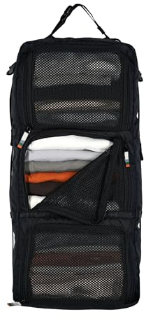 TRAVEL DUDE Hanging Packing Cube mit Kompression aus recycelten Plastikflaschen | Hängende Packwürfel für Rucksack und Koffer | Reise Regal in Schwarz
