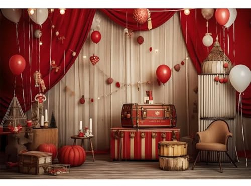 YongFoto 3x2,5m Sfondo fotografico Circo Vintage Palloncini Tende rosse Valigia Fantasia Tessuto per lo sfondo Per Circo di carnevale Decorazioni per feste Bambino Compleanno Banner di fotografia