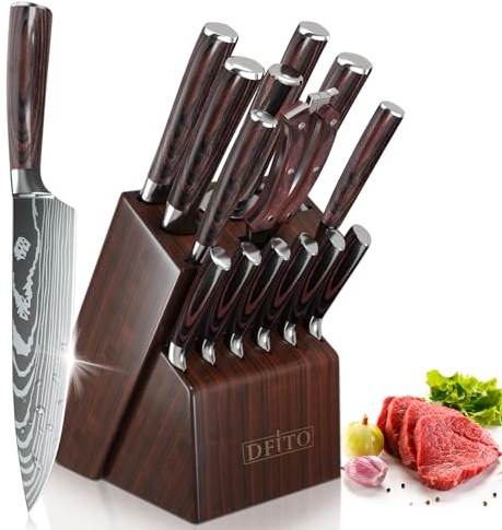 Dfito Messerset mit Messerblock, 15-teiliges Profi Küchenmesser Set mit Block, Scharf Profi Kochmesser Set, Profi Messerset mit 12 pcs Küchenmessern,Schere, Messerschärfer und Messerhalter