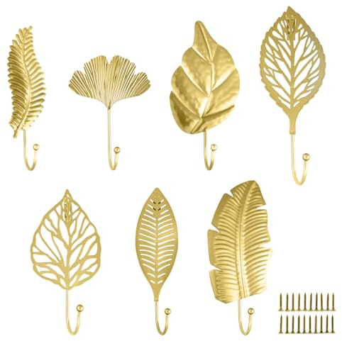 MAIJIAJU 7 ganchos dorados para colgar ropa, ganchos de pared para taladrar con 20 tornillos, metal vintage, ganchos de pared para niños, modernos ganchos para puerta, dormitorio, armario