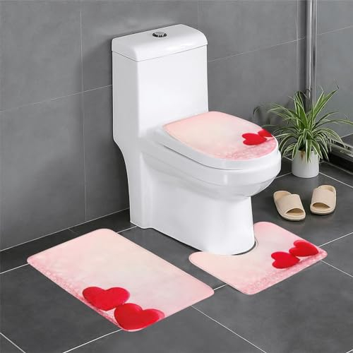 Badematten-Set aus Flanell, rutschfest, mit rotem Herz, rosa Glitzer, 3 Stück, 60 x 40 cm, Badezimmerteppich-Set – Badematte + U-förmiger WC-Vorleger + O-förmiger Toilettensitzbezug