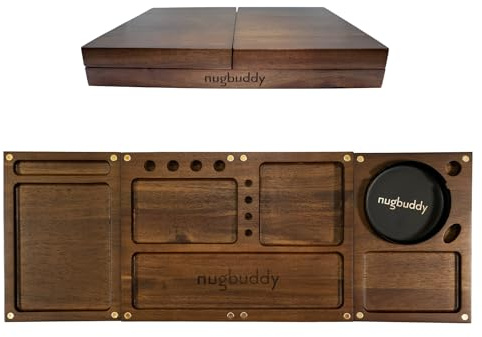 nugbuddy Plateau à rouler en bois – Design pliable 3 en 1 avec couvercle magnétique – Grands et petits plateaux + plateau en métal amovible – Kit d'accessoires portables pour voiture, voyage et maison