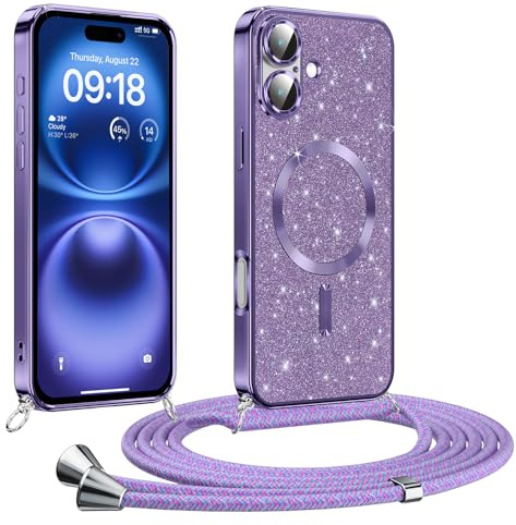 Phoona Coque pour iPhone 16 avec Cordon, Etui à Paillettes Compatible avec MagSafe, Antichoc Protection Coque pour Magnétique avec Réglable Collier, Pourpre
