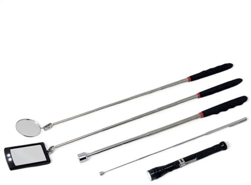 com-four® Kit d'inspection 5 pièces - Miroir d'inspection avec et sans LED, télescopes magnétiques et Lampe de Poche 360° pour l'inspection des véhicules - Outils pour l'atelier et Le ménage