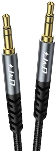 J&D 3,5 mm Nylon-Geflecht Aux-Kabel, Audio-Aux-Eingangsadapter mit Vergoldetem Anschluss und Aluminiumgehäuse, Hochwertiges Audiokabel für Auto, Zuhause und Büro, Grau, 2 m