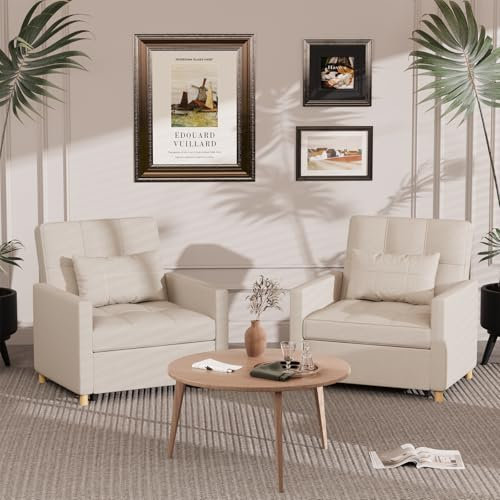 YODOLLA Einzel-Sofa-Bett, Stuhl, 3-in-1-Stuhl, Einzel-Sofabett für kleine Zimmer, ausziehbarer Verstellbarer Einzelsessel mit Seitentasche, Beige