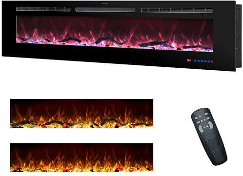Rodalflame 152cm Cheminée électrique encastrable et Murale pour l'intérieur avec télécommande, 13 Couleurs de Flammes avec bûches et Cristal, minuterie 9H