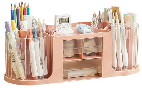 Stiftehalter Drehbar, 14 Fächer Große Kapazität Doppelrotation 360° - Rosa | Schreibtisch Organizer, Stiftehalter Kinder Doppelschicht transparente Schublade, Für Buntstifte & verschiedene Schreibwaren