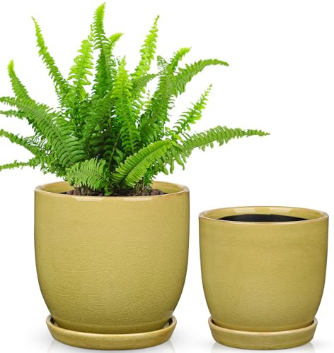 Oairse Durchmesser 15cm/12cm 2er-Set Keramik Übertopf, Blumentöpfe mit Drainageloch-Untersetzern für Zimmerpflanzen, Retro-Dekoration für Gartenbehälter-Sets im Freien, Grün