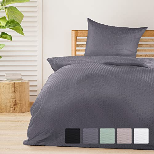 Beautissu 2tlg Seersucker Bettwäsche Sommer bügelfrei hautfreundlich | 155x220cm Bezug 40x80cm Anthrazit Bettwäsche-Sets Bettbezug Sommerbettwäsche Bettwaren Kopfkissen Set 155x220 Meline
