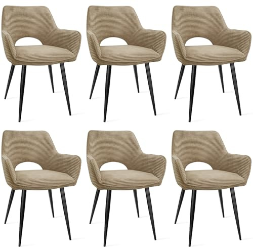 WAFTING Esszimmerstühle 6er Set, Armlehnstuhl mit Metallbeine, Kaki | Cord Stoff, Hohe Rückenlehne,Samt Stuhl,Küchenstühle,Wohnzimmerstuhl,Polsterstuhl,Restaurant,Schlafzimmer,Konferenzraum,Hotel