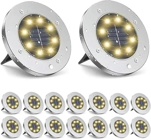 NATURLED, Luces Solares LED Exterior Jardín, Pack de 16 Focos con 8 LED | Impermeables IP65, Luz Cálida con Encendido Automático, Instalación Rápida y Fácil para Jardín, Camino, Patio