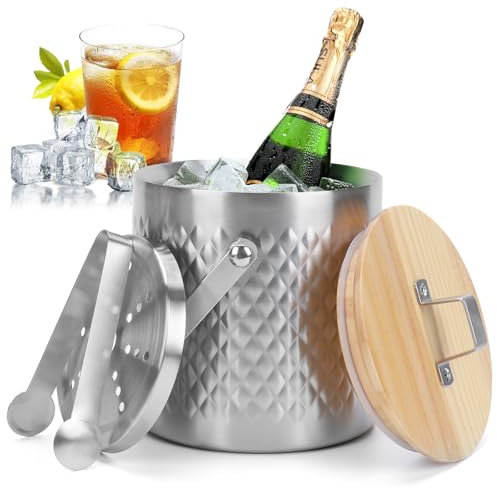 ZOLGINAH Secchiello per ghiaccio in acciaio inox da 2 l, contenitore per cubetti di ghiaccio con coperchio, pinze e filtri, isolamento a doppio strato, raffreddamento a lunga durata, contenitore per