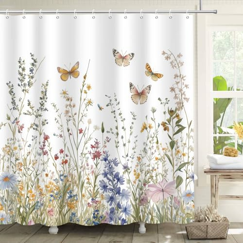 APROPHIC Duschvorhang Blumen 180x180, Schmetterling Duschvorhänge für Badezimmer, Pflanzen Badewanne, Wasserdicht Duschvorhang Textil mit 12 Haken, Maschinenwaschbar