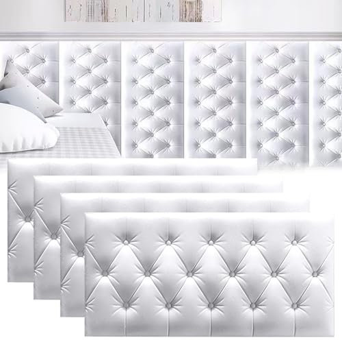 3D-Anti-Kollisions-Wandpolsterung für Schlafzimmer, zum Abziehen und Aufkleben, Kopfteil, Wandkissen, gepolstert, selbstklebende Paneele, Spielzimmer, dekorativer Schutz (Weiß, 4 Stück)