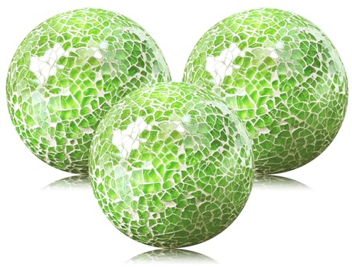 Yazikisa 8,5cm Dekorative Glaskugeln Glas Mosaikkugeln Runde Knistern Mosaik Kugel Solide Sphäre Esstisch Kernstück Schüsseln Kaffeetisch Tablett Garten Dekoration Grün 3 Stück