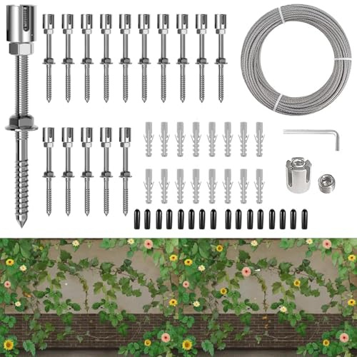 TOOSOAR Enrejado de Alambre de Jardín para Plantas Trepadoras,Enrejado de Acero Inoxidable para Plantas trepadoras(16soportes, 24m de Cable)