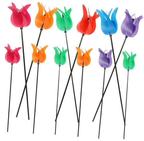 UKCOCO 12pcs Tulip Shaped Plastic Windmill Garden Decor with Realistic Textures, Lovely Pinwheels for Wedding Photos and Holiday Decoration Props, for Boys and Girls and Adults Outdoor Random Color