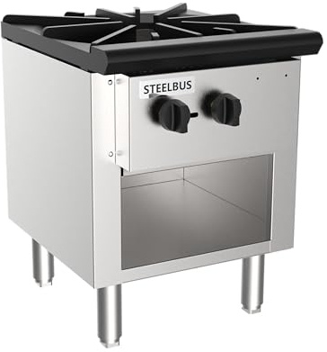 STEELBUS Commercial Single Burner Wok Range with Storage Cabinet, 90,000 BTU Heavy Duty Cast Iron, Natural Gas/Propane, Stainless Steel Restaurant Stockpot Stove for Professional Kitchens