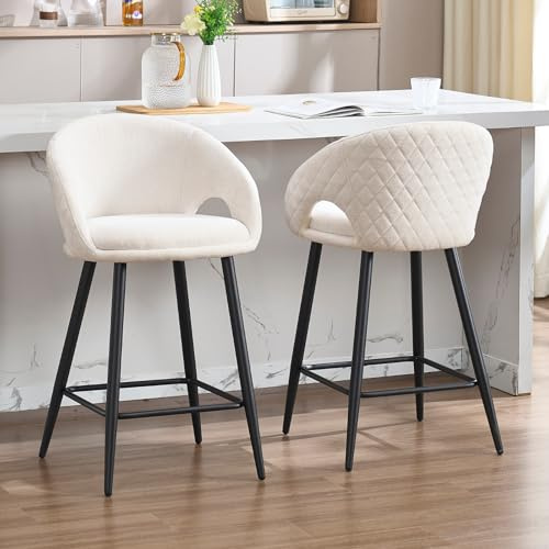 Ya-Home Barhocker 2er Set, Barstuhl Chenille, Beige | Küchenhocker mit Armlehne & Metallbeinen, gepolsterte Tresenhocker Thekenhocker für Kücheninsel/Hausbar