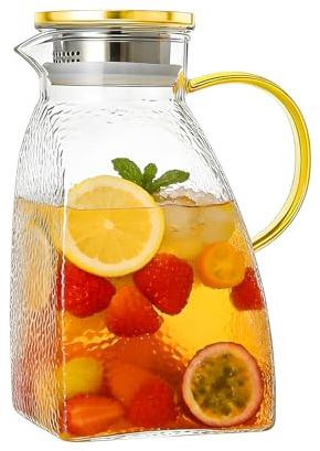 1.8L Glass Water Jug with Lid, Flat Slim Fridge Door Pitcher, Borosilicate Glass Carafe with Stainless Steel Filter Lid, Heat Resistant Juice Jug for Cold Brew Tea, Water & Drinks